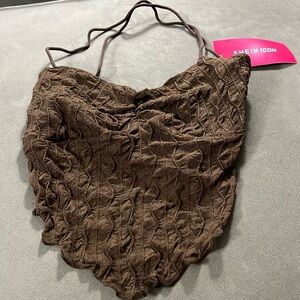 Shein brown hankerkief top crisscrossed back sheer ruching